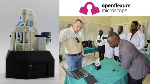 An image of the OpenFlexure microscope and another of the microscope being trialed in a cancer clinic in Rwanda.