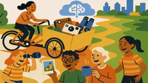 Eine Frau fährt ein Lastenrad und hat ganz viele Dinge im Gepäck. Im Vordergrung sind verschiedene Menschen mit Fernglas, Foto oder Kaffeetasse zu sehen. Alle haben gute Laune. Im Hintergrund sieht man die Stadt.