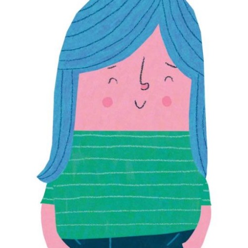 A simple drawing of a boxy woman with pink skin and blue hair, wearing a green top and dark blue trousers with her hands in her pockets. She is smiling at the viewer. 
