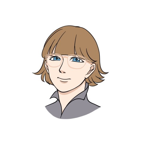 Porträt von Miriam Milzner, eine stilisierte Illustration mit kurzen, hellbraunen Haaren, blauen Augen und einem neutralen Gesichtsausdruck. Sie trägt ein graues Oberteil vor einem weißen Hintergrund.