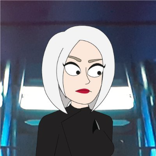 Illustration einer dame mit halblangen platinblonden Haaren im schwarzen Outfit