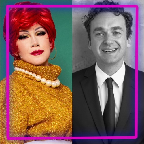 Eine Collage aus zwei Fotos: Drag Queen Audrey Naline auf der linken Seite des Bildes, Dr. Anwalt auf der rechten Seite des Bildes