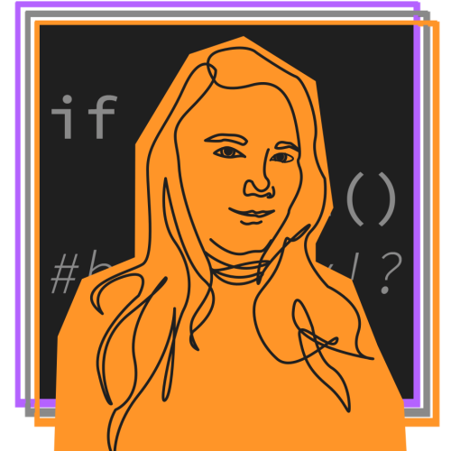 Portrait einer weiblich gelesenen Person mit langen Haaren. Eine orange ausgefüllte Silhouette mit schwarzen Linien, 