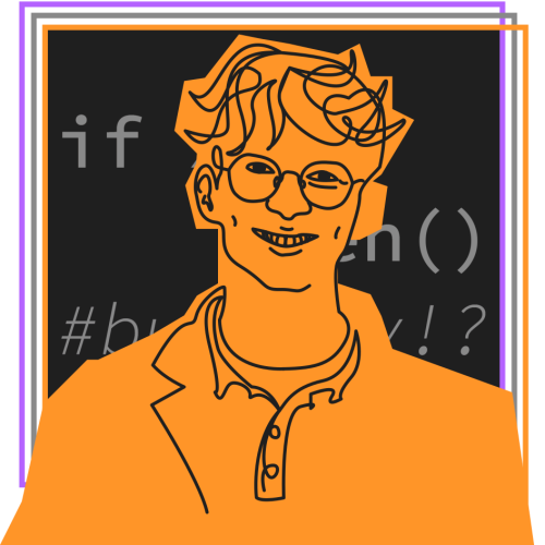 Stilisiertes Bild in Orange eines jungen Mannes mit lockigen Haaren und runder Brille